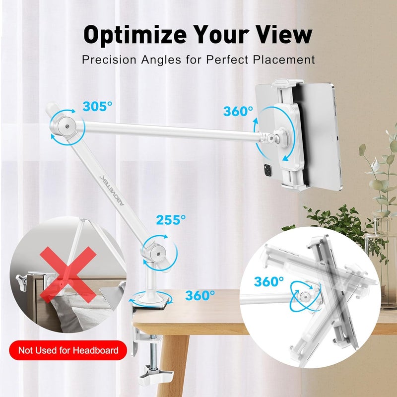 AboveTEK Tablet Stand Holder for Desk & Bed, Aluminum iPad Holder Arm with 360° Rotating Clamp, Adjustable Phone Stand Compatible with 4.7"-13.5" iPad Pro/Air/Mini, iPhone, Galaxy Tab- White - Image 4